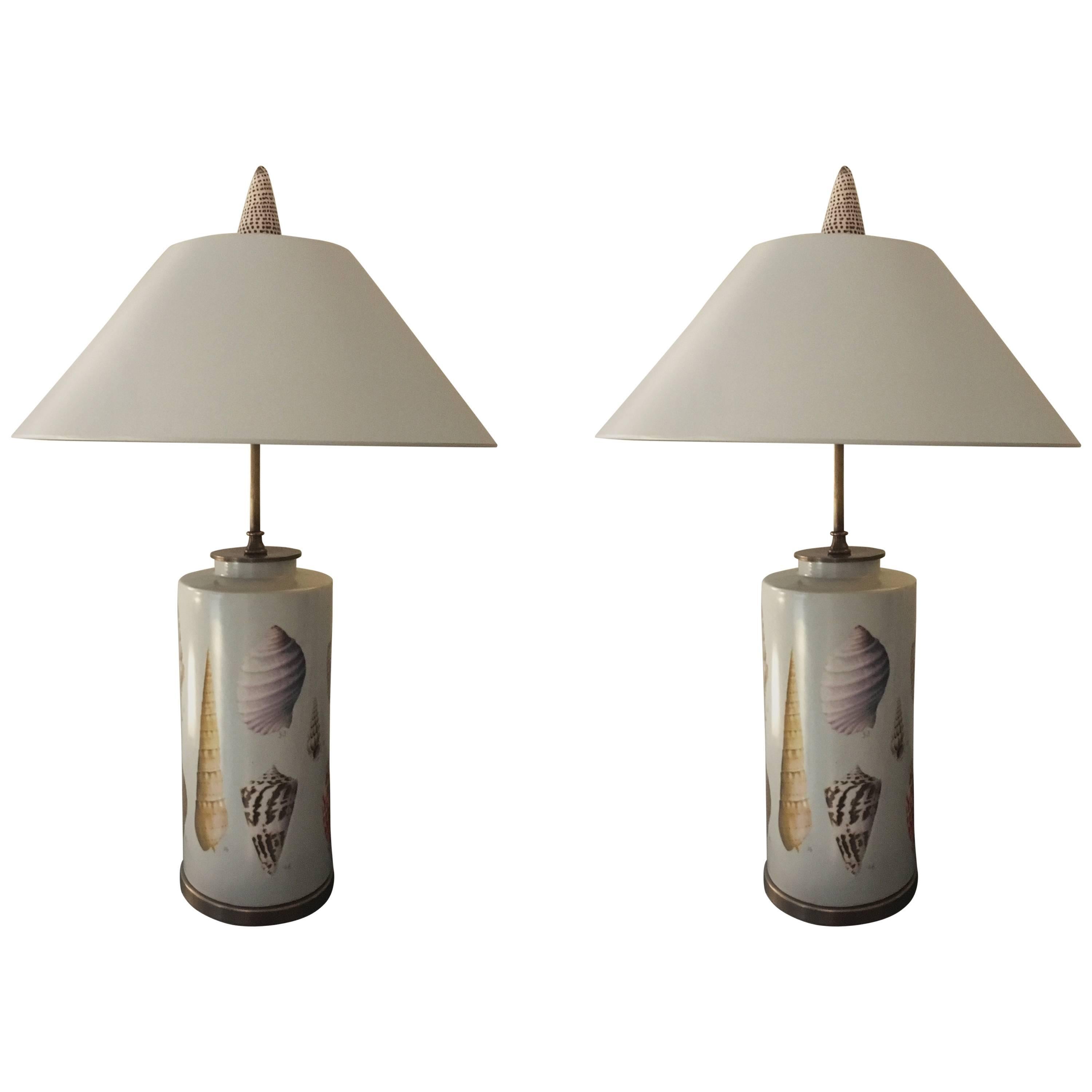 Pair of Shell Design Porcelain Vases Mounted as Table Lamps