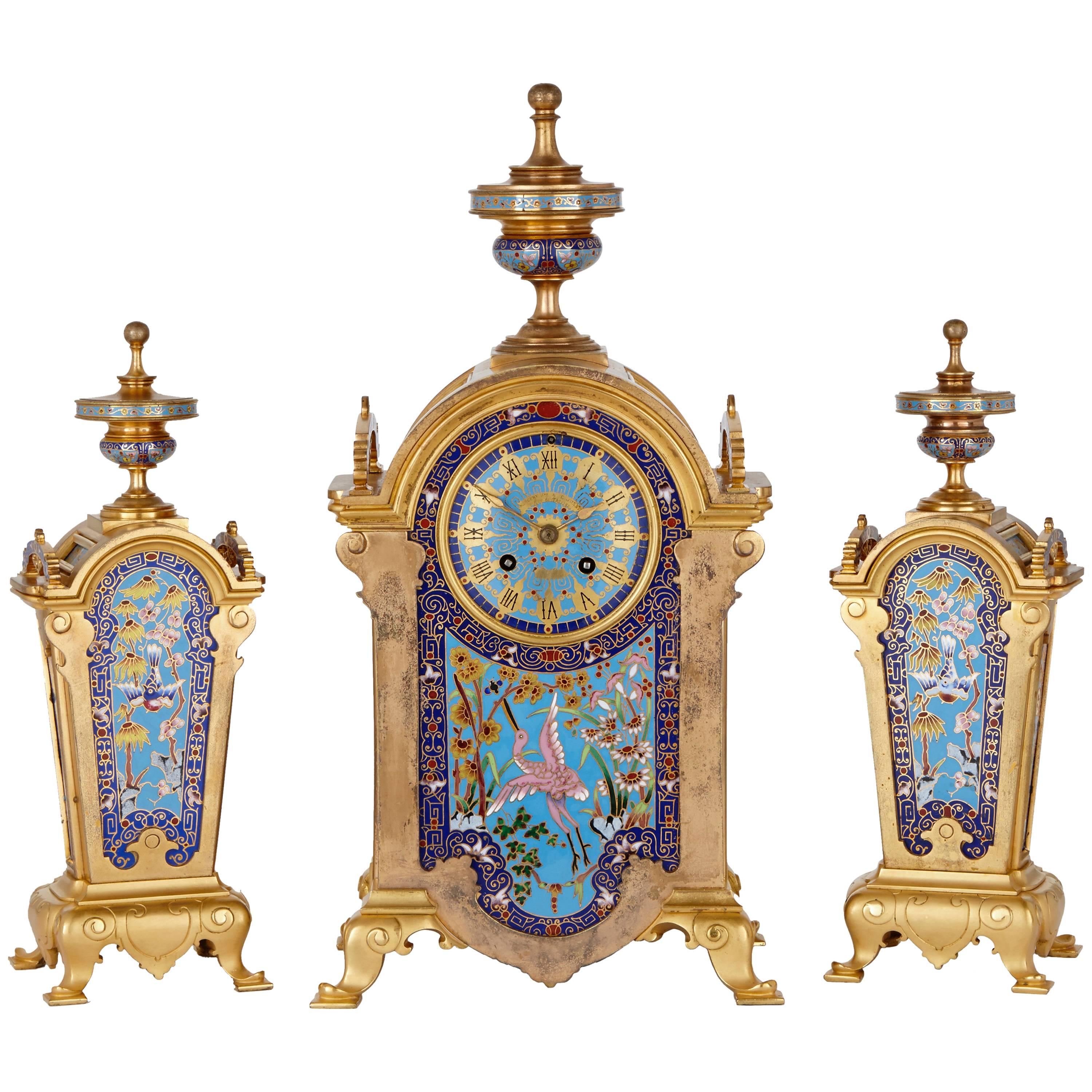 Orientalisches Uhrenset aus Ormolu und Cloisonné́-Email