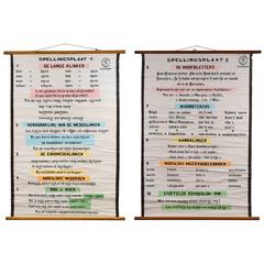 Pair of Hand-Painted Flemish Spelling Charts from a Belgian School House