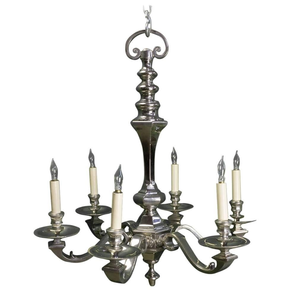 1940s French Nickel Plated Bronze Six-Arm Chandelier For Sale