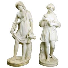 Pair of Antique Carved Italian Classical Alabaster Statues of Maidens, circa 187