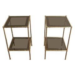 1960s French Bamboo Brass and Glass End Tables