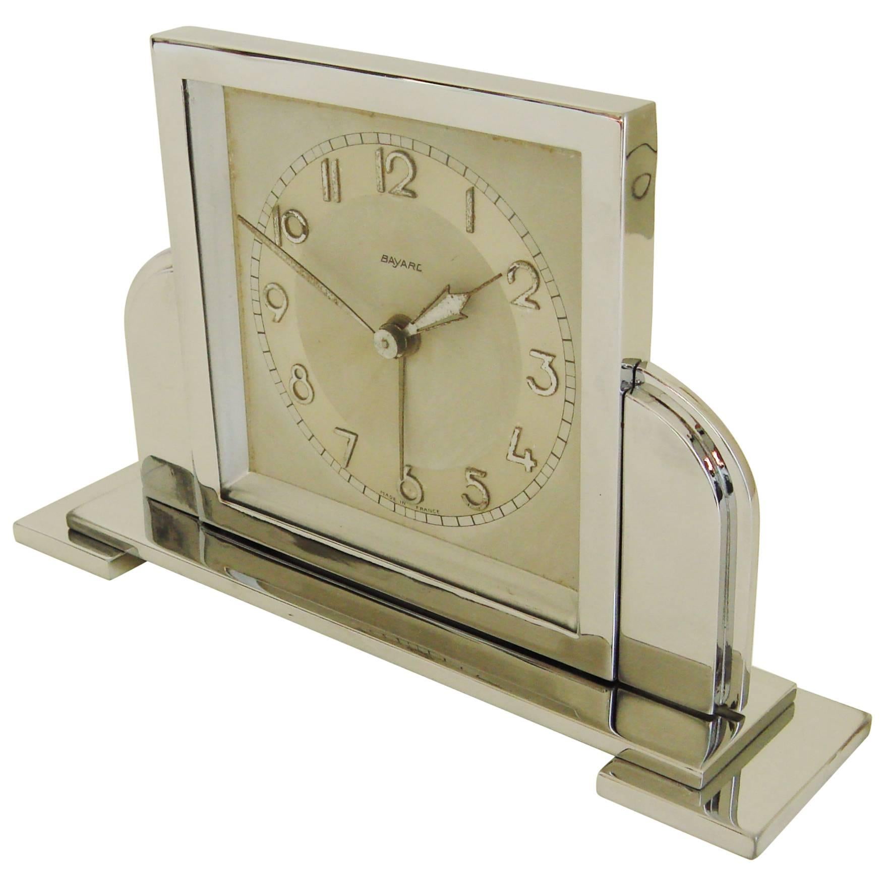 French Art Deco Chrome Mechanical Architectural Alarm Clock by Bayard