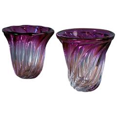 Pair of Magenta Val Saint Lambert Blown Glass Vases 4