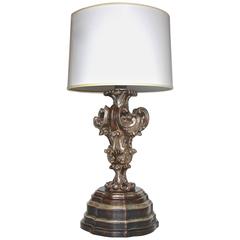 Italian Giltwood Silver Antiqued Carved Baroque Style Wood Table Lamp