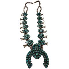 Zuni Native American Squash Blossom Necklace, 1960s, Turquoise & Sterling