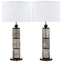 Pair of Murano Silver Leaf and Black Glass Table Lamps