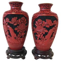 Antique 19th Century Chinese Red Cinnabar Cloisonné Vases, Pair