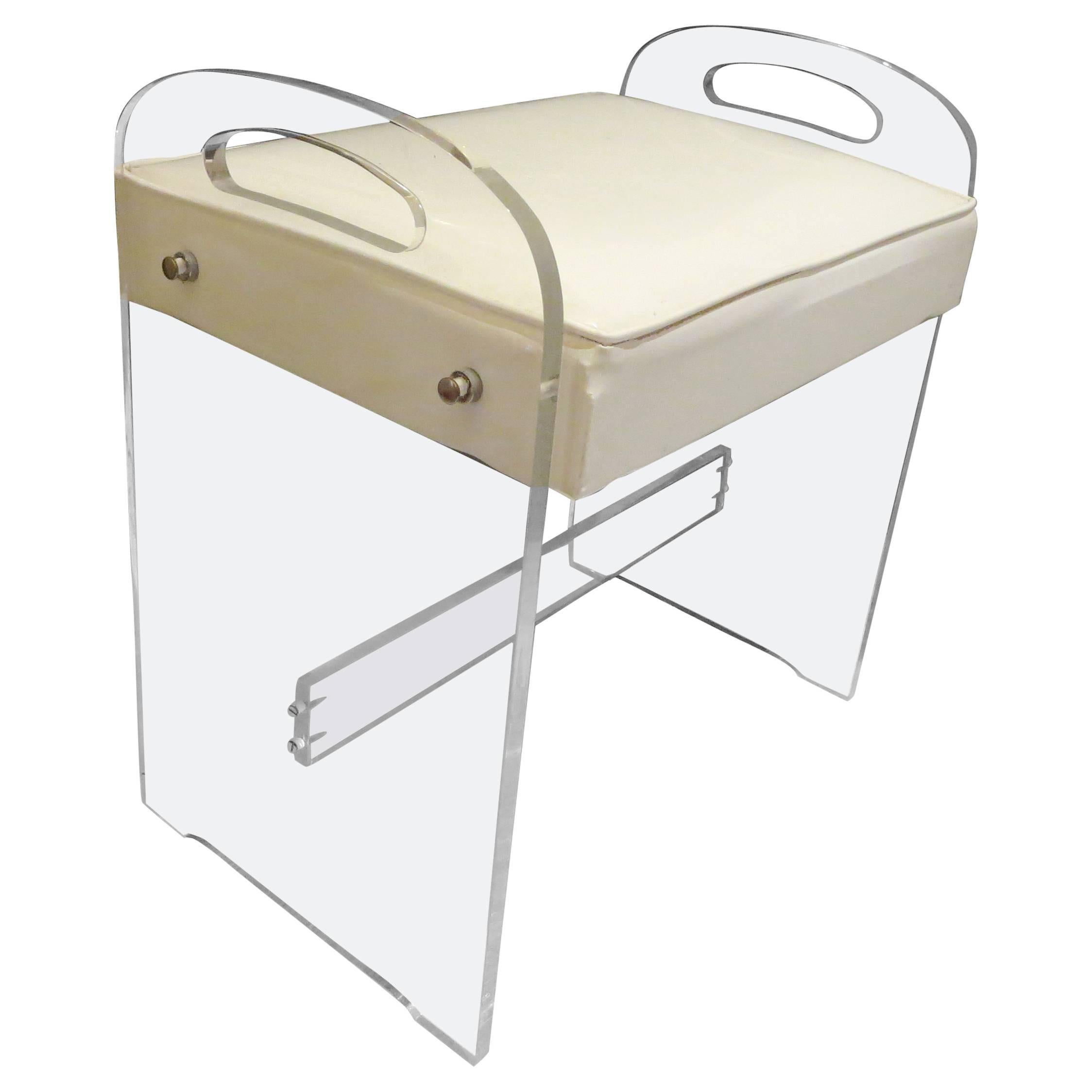 1970s Single Lucite and Naugahyde Vanity Bench
