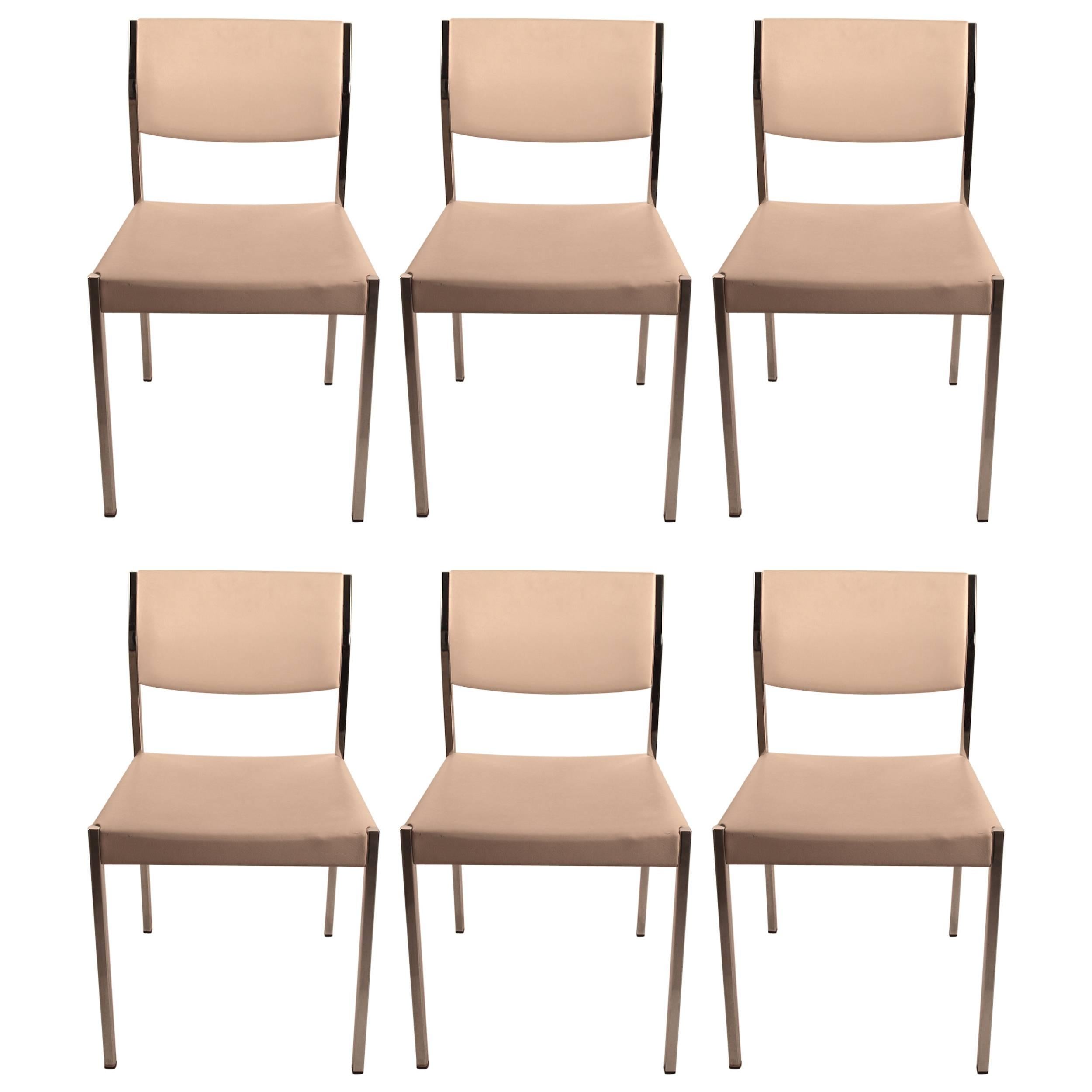 Set of Six John Stuart Chrome and White Dining Chairs For Sale