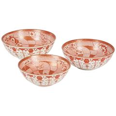 Antique Set of Three Red and Gold Kutani Japanese Bowls