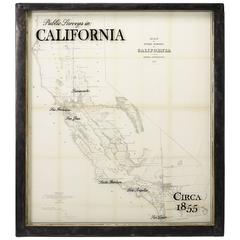 California Survey Map in Antique Windowpane Frame, circa 1855