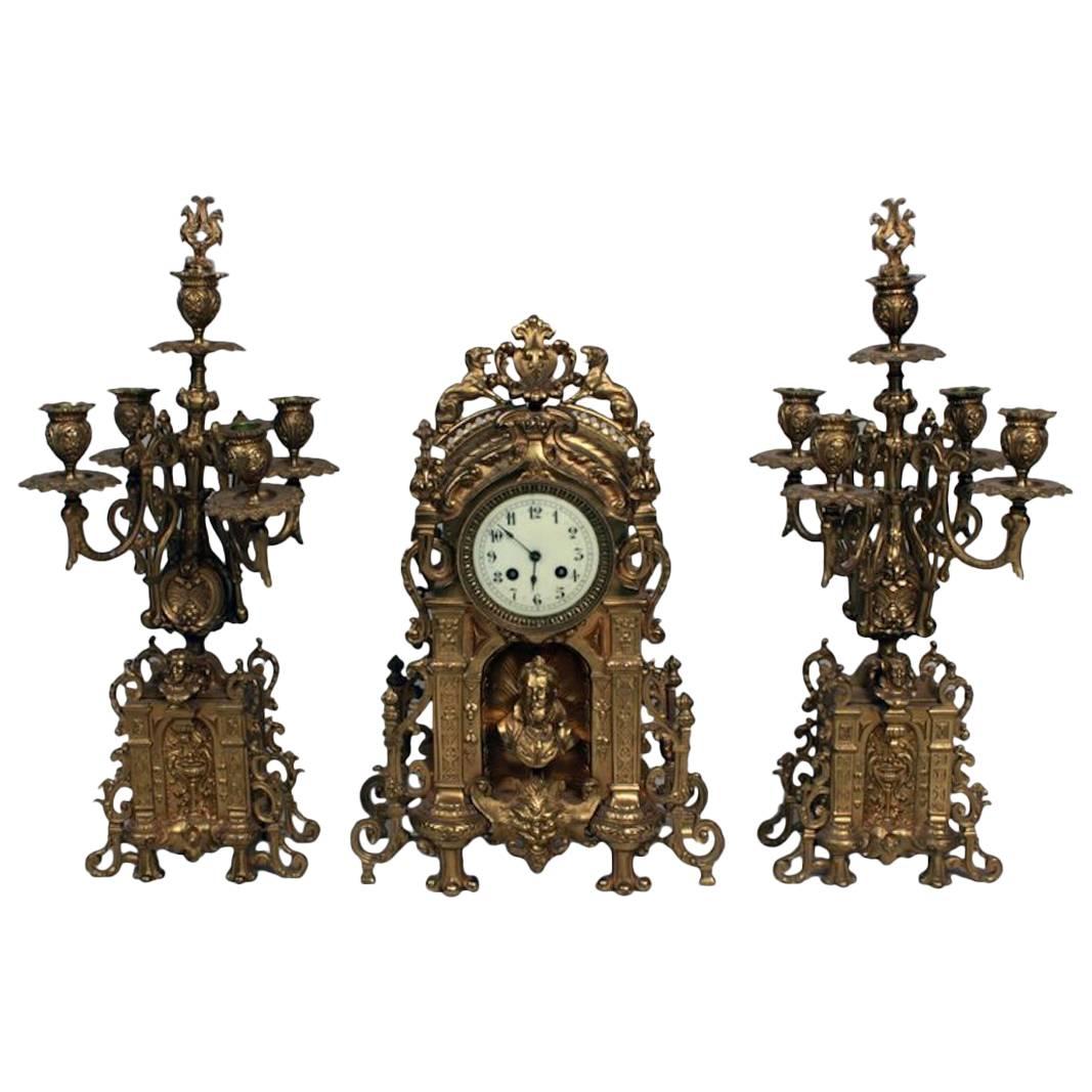 Antique Louis XV Style Gilt Bronze Clock Garniture Set, circa 1870