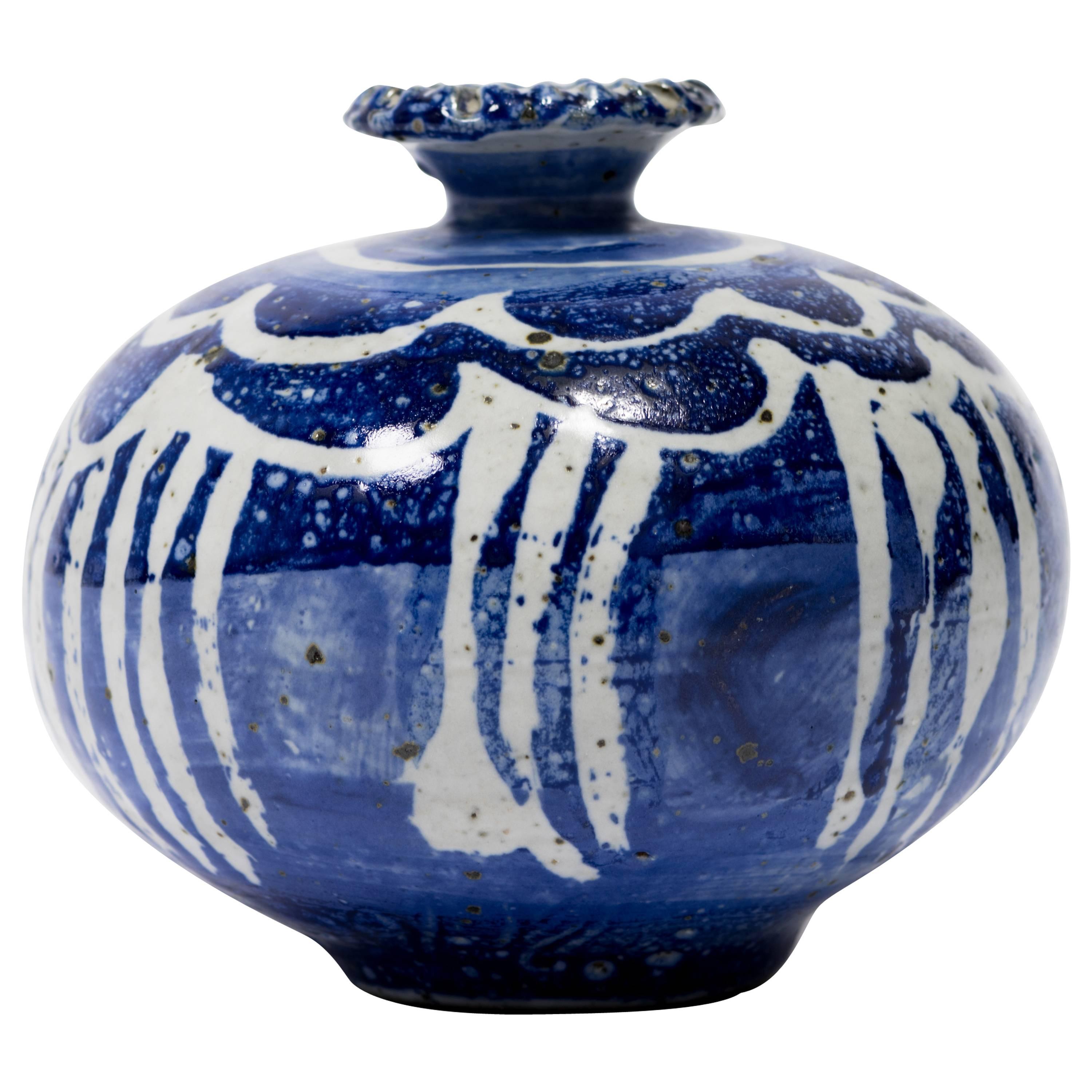 Signed Danish Style Blue and White Pottery Vase