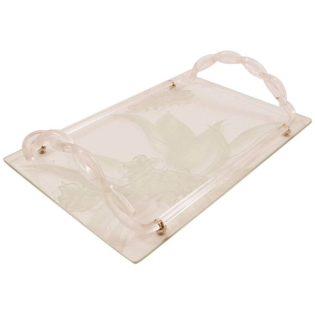Vassoio in vetro acidato e lucite Dorothy Thorpe