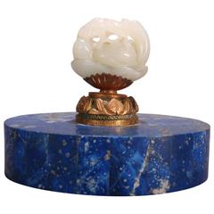 Carved Chinese White Jade w/Bronze Collar & Lapis Lazuli Base Paperweight, c1860