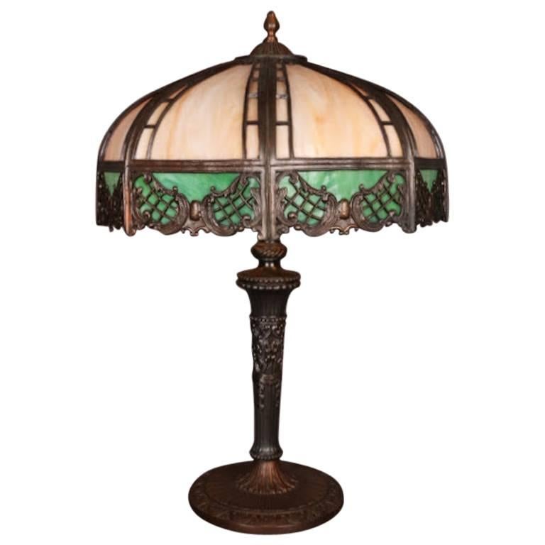 Finely Crafted Slag Glass Bronzed Metal Lamp, circa 1920