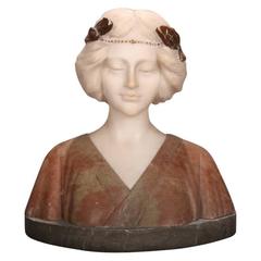 Antique Italian Two-Tone Carved Alabaster Bust of Classical Woman, circa 1890