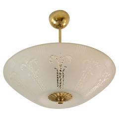 Large Mid-Century Art Deco Murano Brass and Frosted Glass Pendant 6