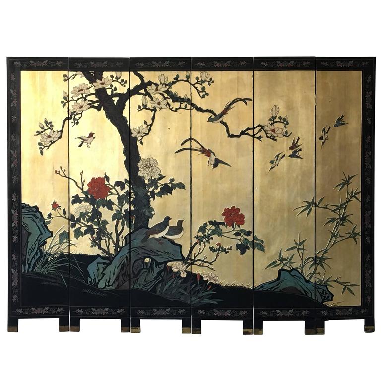 1950s Black and Gold Cherry Blossom SixPanel Room Divider Screen For
