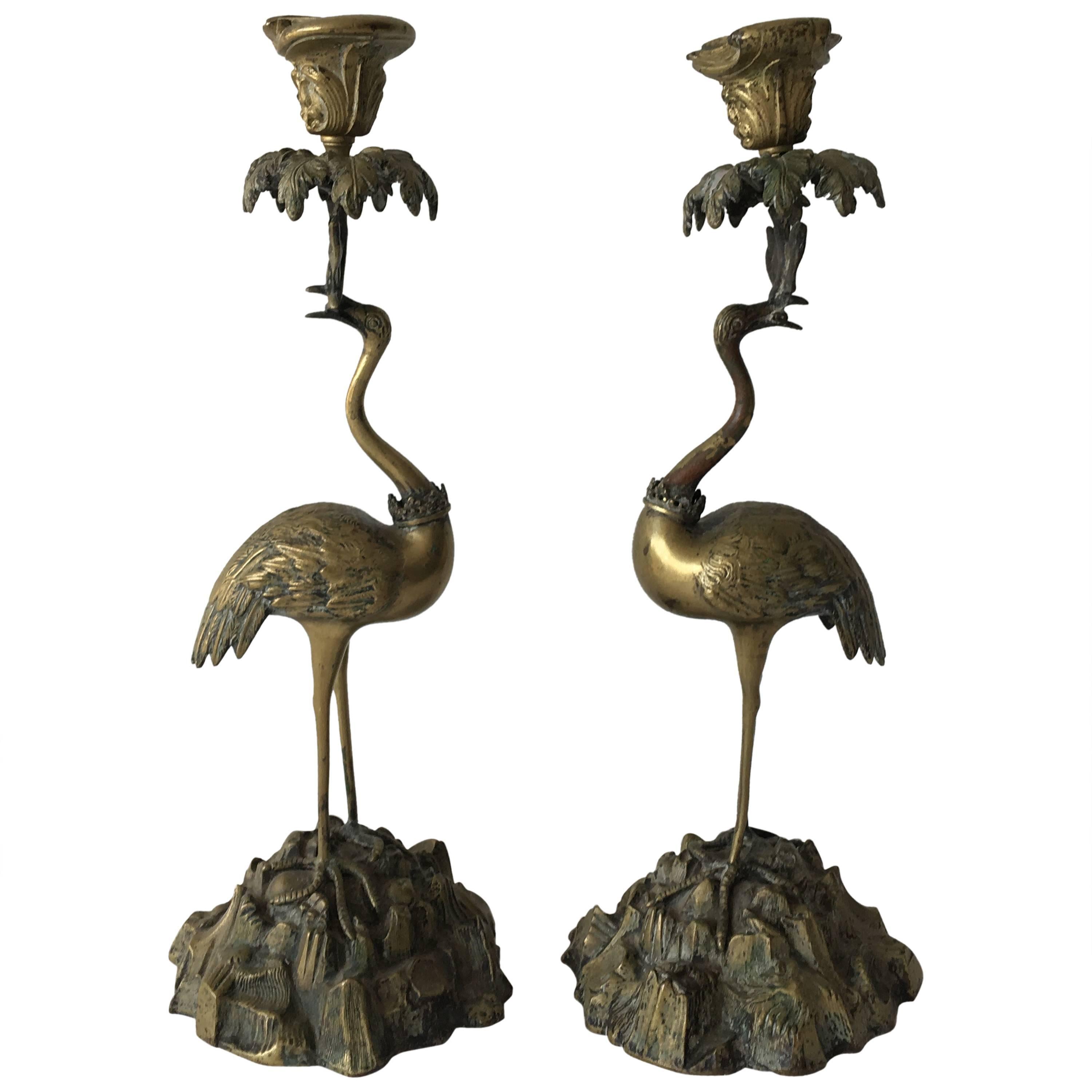 19th Century Bronze Ostrich Candlestick Holders