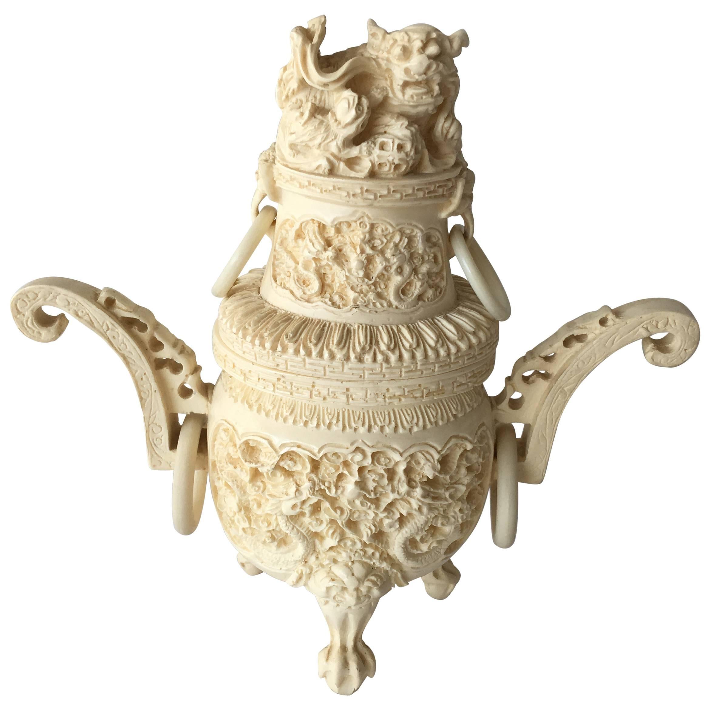 19th Century Chinese Ivory Resin Censor with Foo Dog Lid