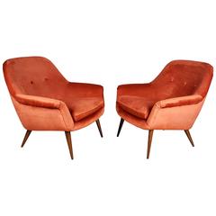 Vintage Pair of Italian Modern Lounge Chairs in Persimmon Velvet