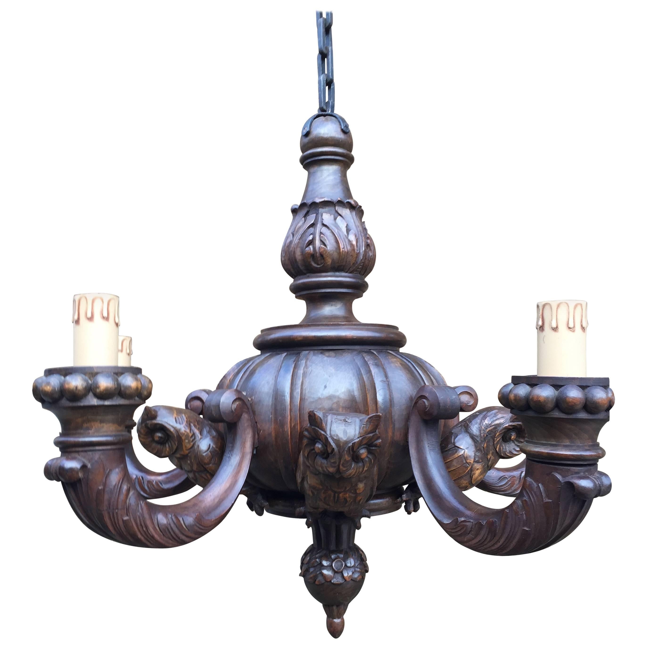 Unique and Large Black Forest Carved Wood Chandelier with Five Owl Sculptures