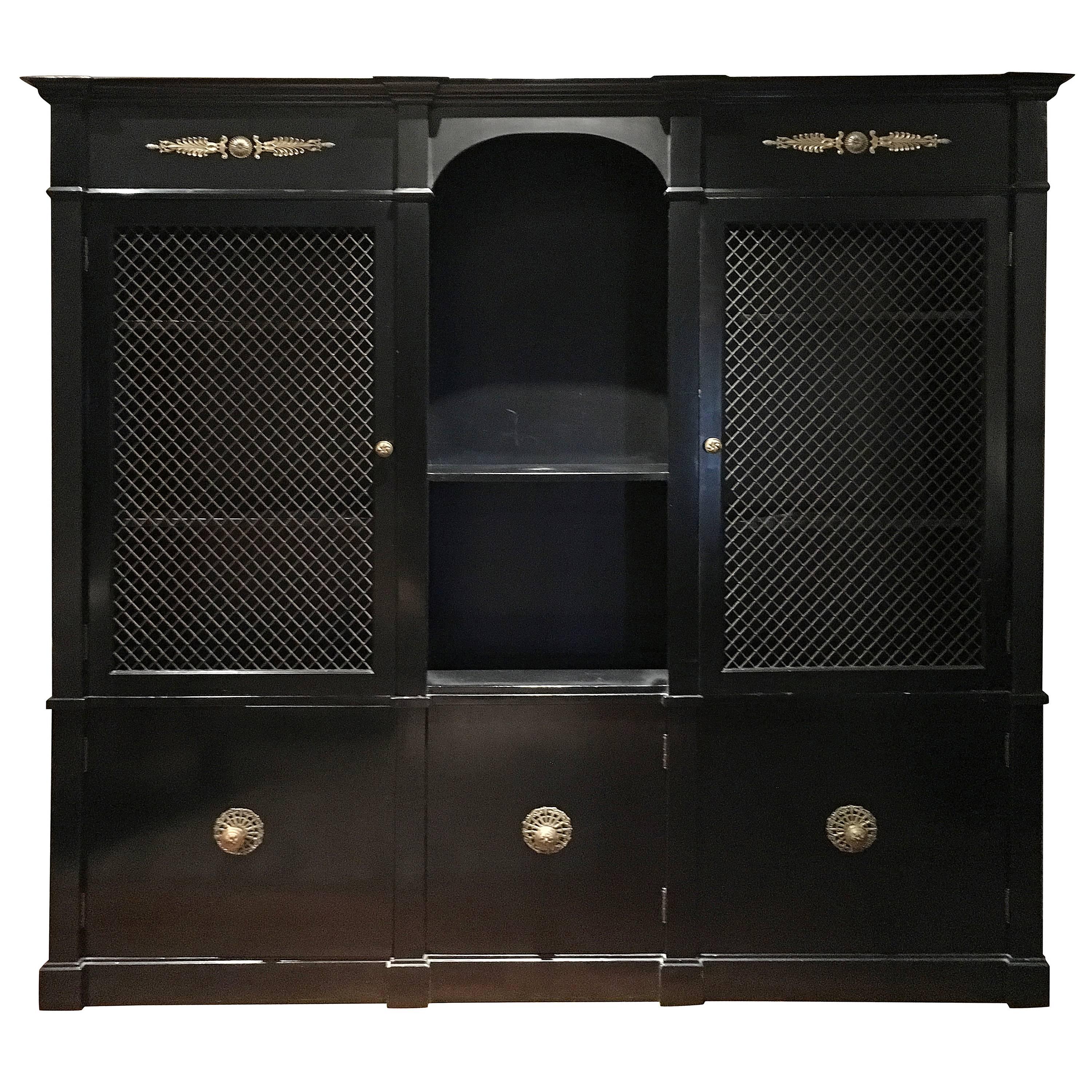 Handsome Hollywood Regency Ebonized Breakfront