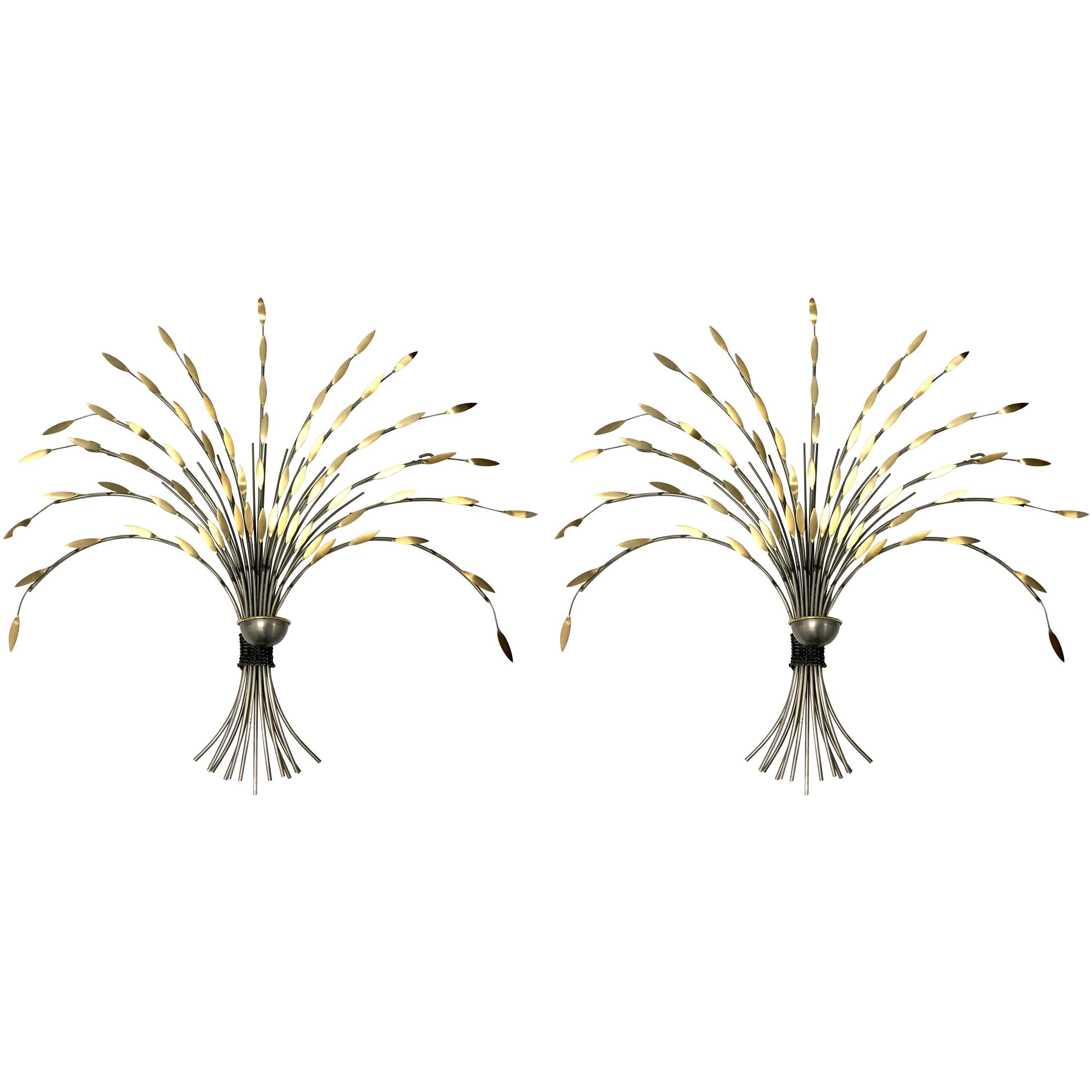 Pair of Curtis Jere Modern Sheaf of Wheat Steel and Brass Candleholders
