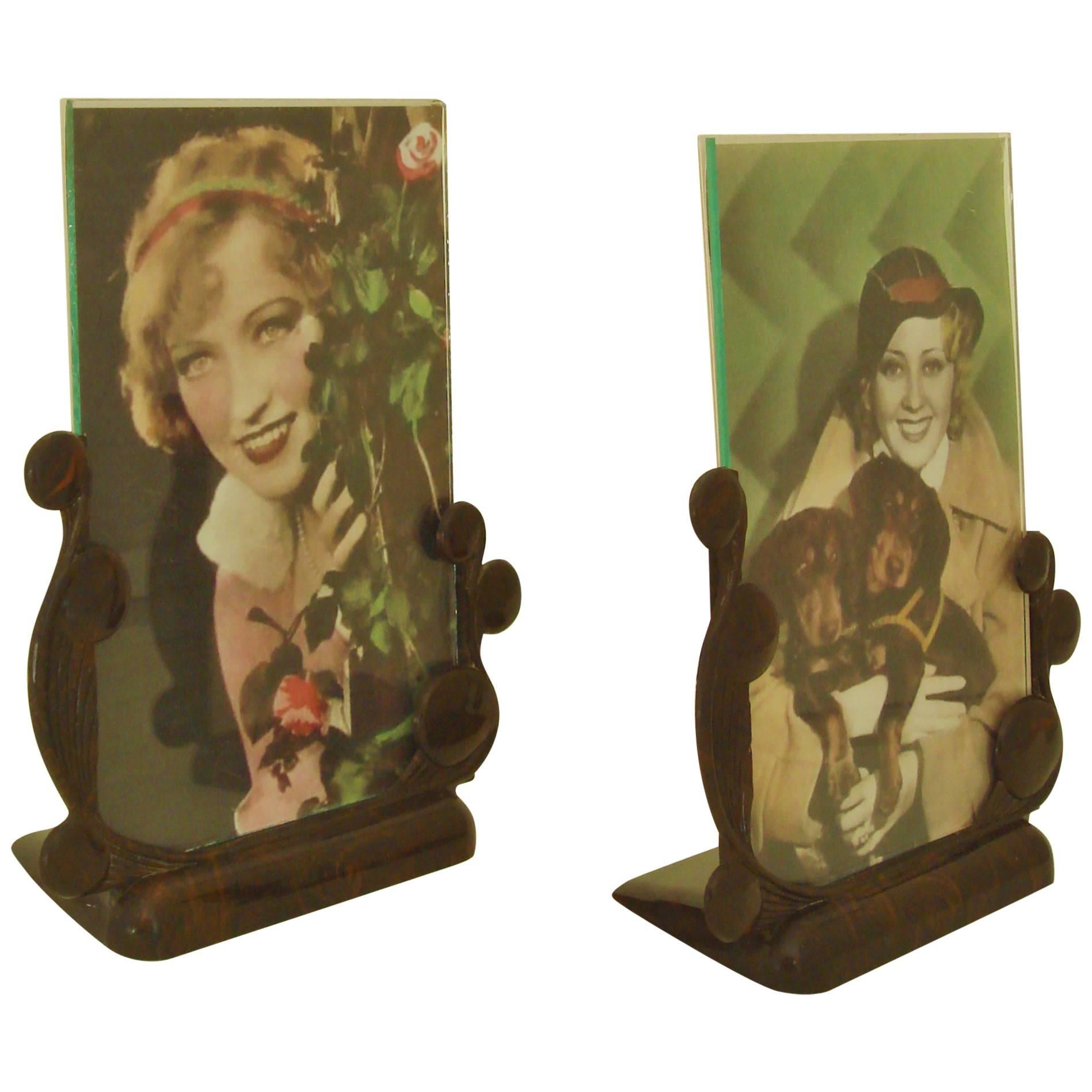 Pair of English Art Deco Marbled Brown Lucite Photo Frames For Sale