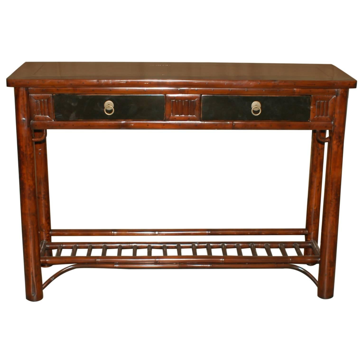 Bamboo Console Table with Black Lacquer Top