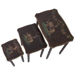 Vintage Fanciful Nest of Three Tables with Hand-Painted Elephant and Monkey Motif