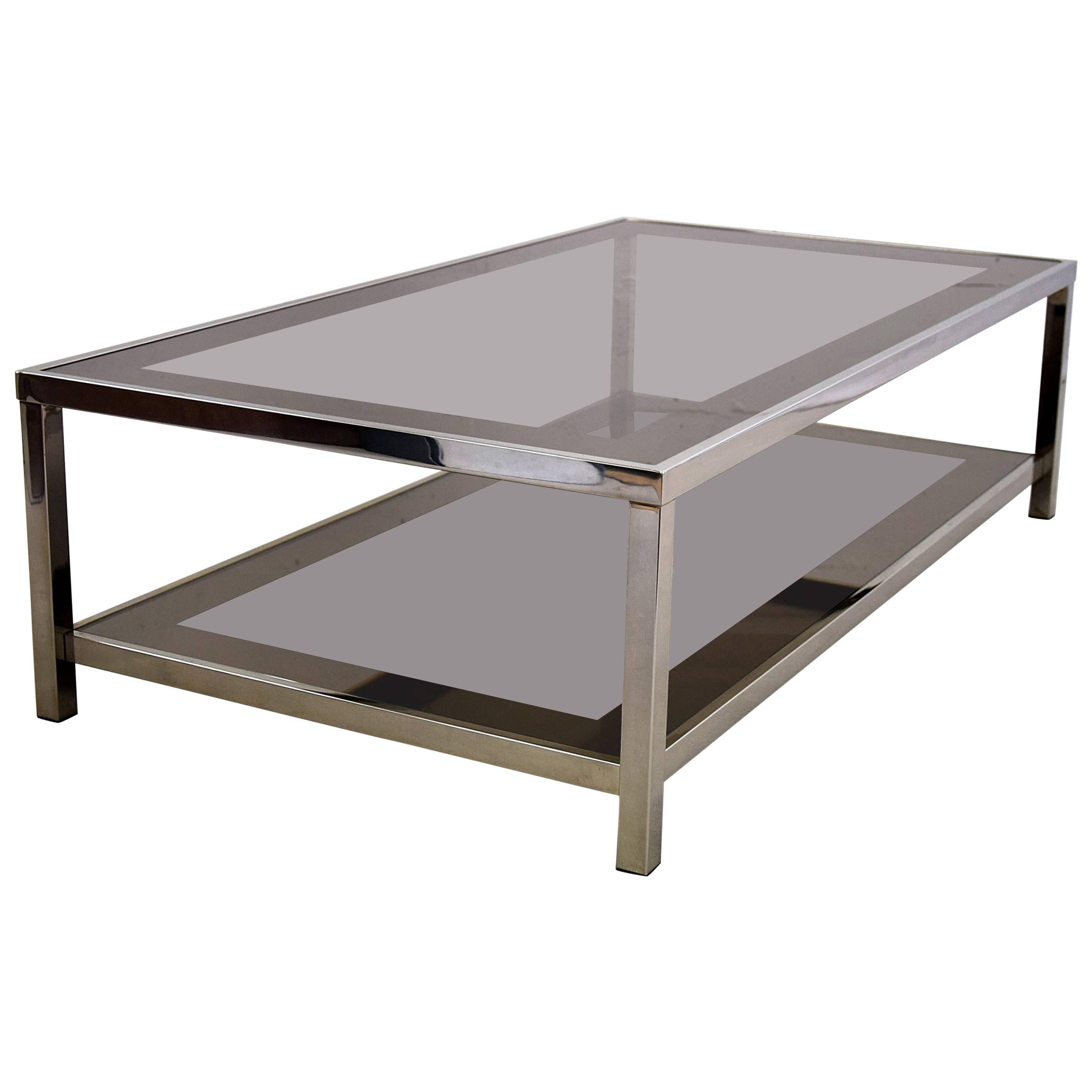 Hollywood Regency Nickel Plated Two Tier Coffee Table For Sale