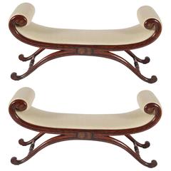 Pair of Neoclassical Upholstered and Painted Birch Benches