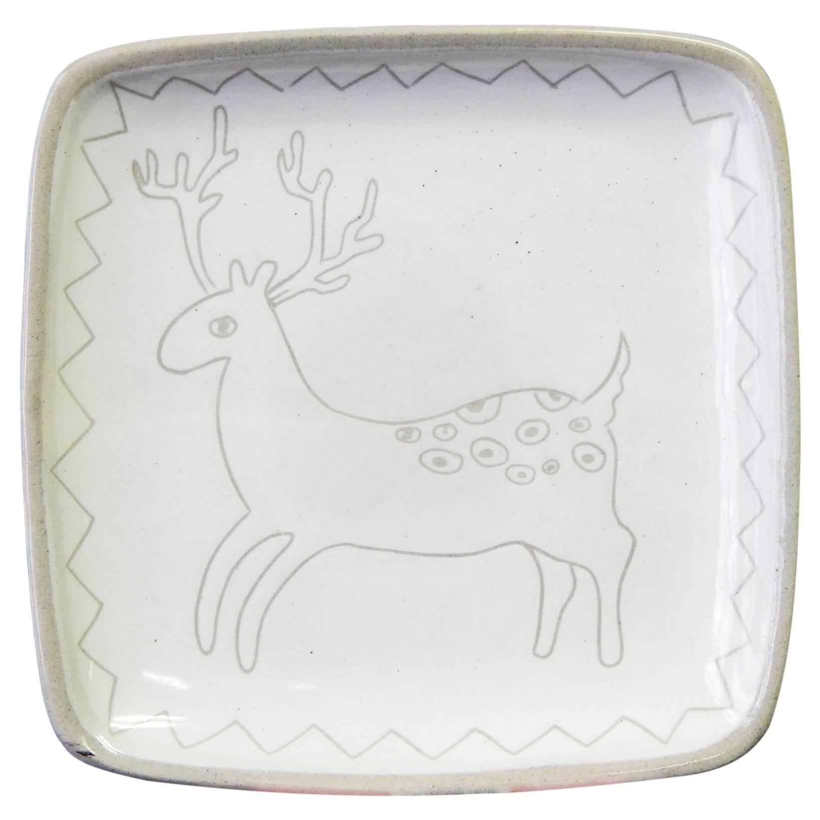 "Reindeer, " Very Rare Sgraffito Dish by Glidden Parker, Late 1940s