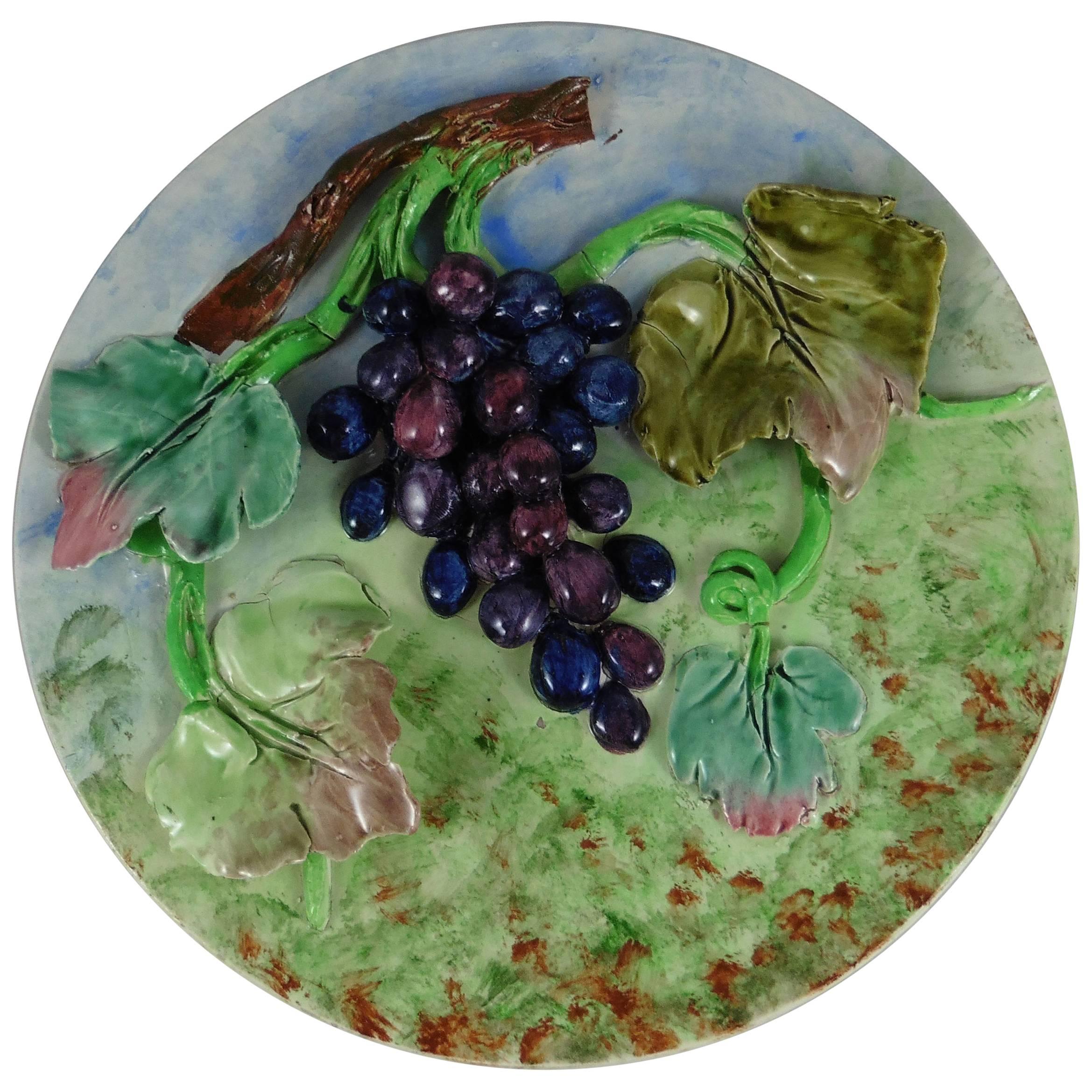 19th Century Majolica Grapes Wall Platter Longchamp For Sale