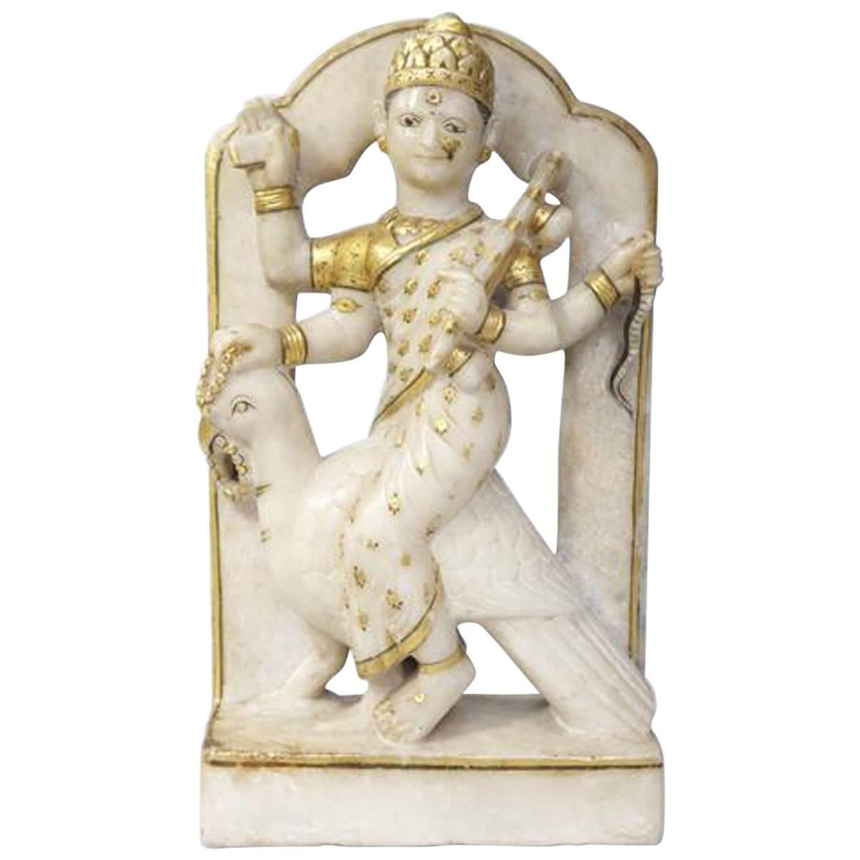 Indian Early Alabaster Sculpture of Indian Deity with Bird For Sale