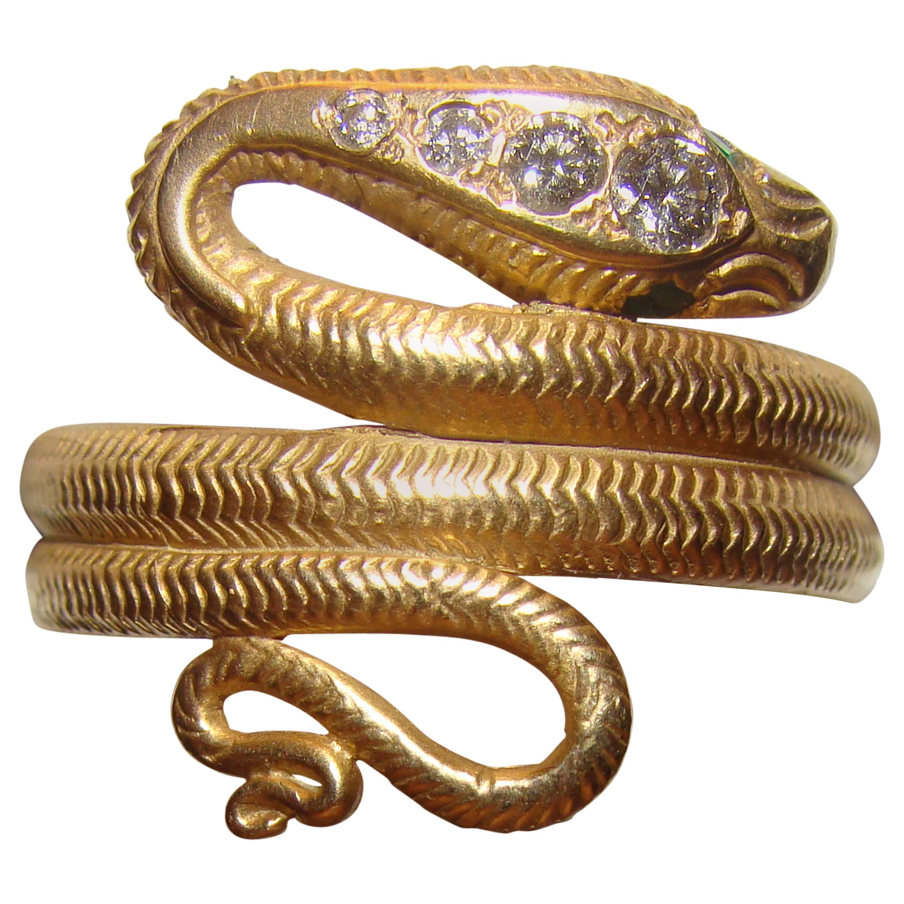 18kt Gold Antique Snake Ring with Diamonds and Emerald Eyes
