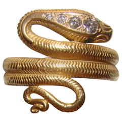 18kt Gold Antique Snake Ring with Diamonds and Emerald Eyes