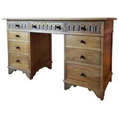 Antique Style Twin Pedestal Desk Golden Oak Carved Leather Old Charm