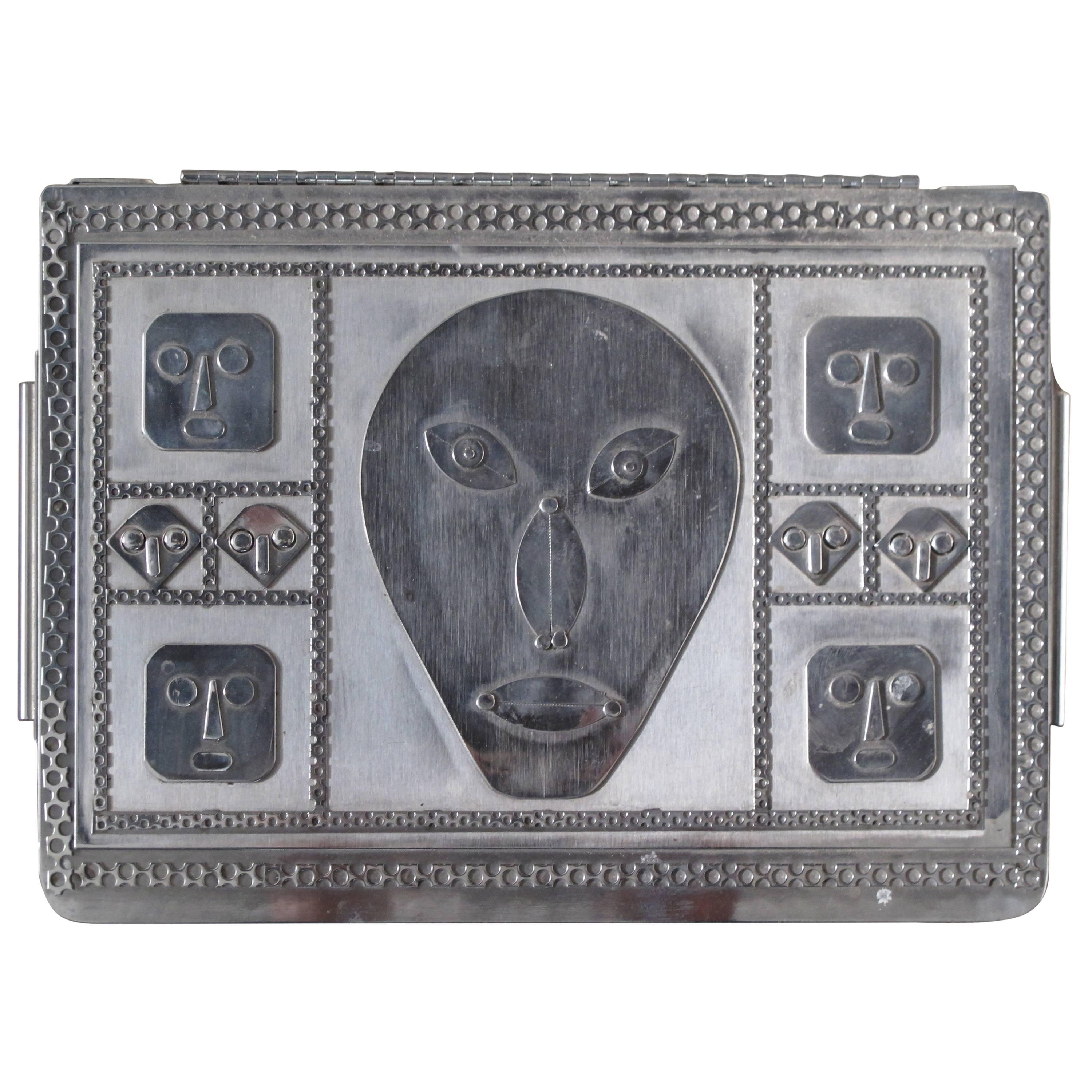 Jewelry Box with Mask Faces of Stainless Steel by Stanley Szwarc For Sale
