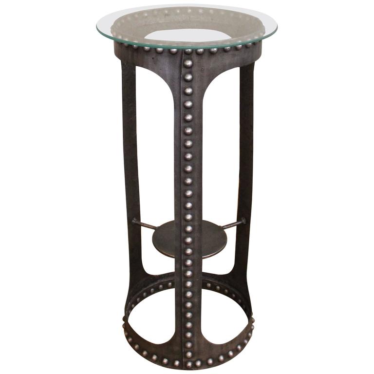 Side End Table, Vintage Industrial Brutalist Riveted Steel, Metal and