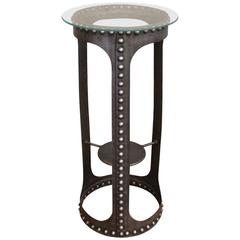 Side End Table, Vintage Industrial Brutalist Riveted Steel, Metal and Glass