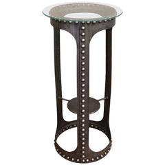 Side End Table, Vintage Industrial Brutalist Riveted Steel, Metal and Glass 