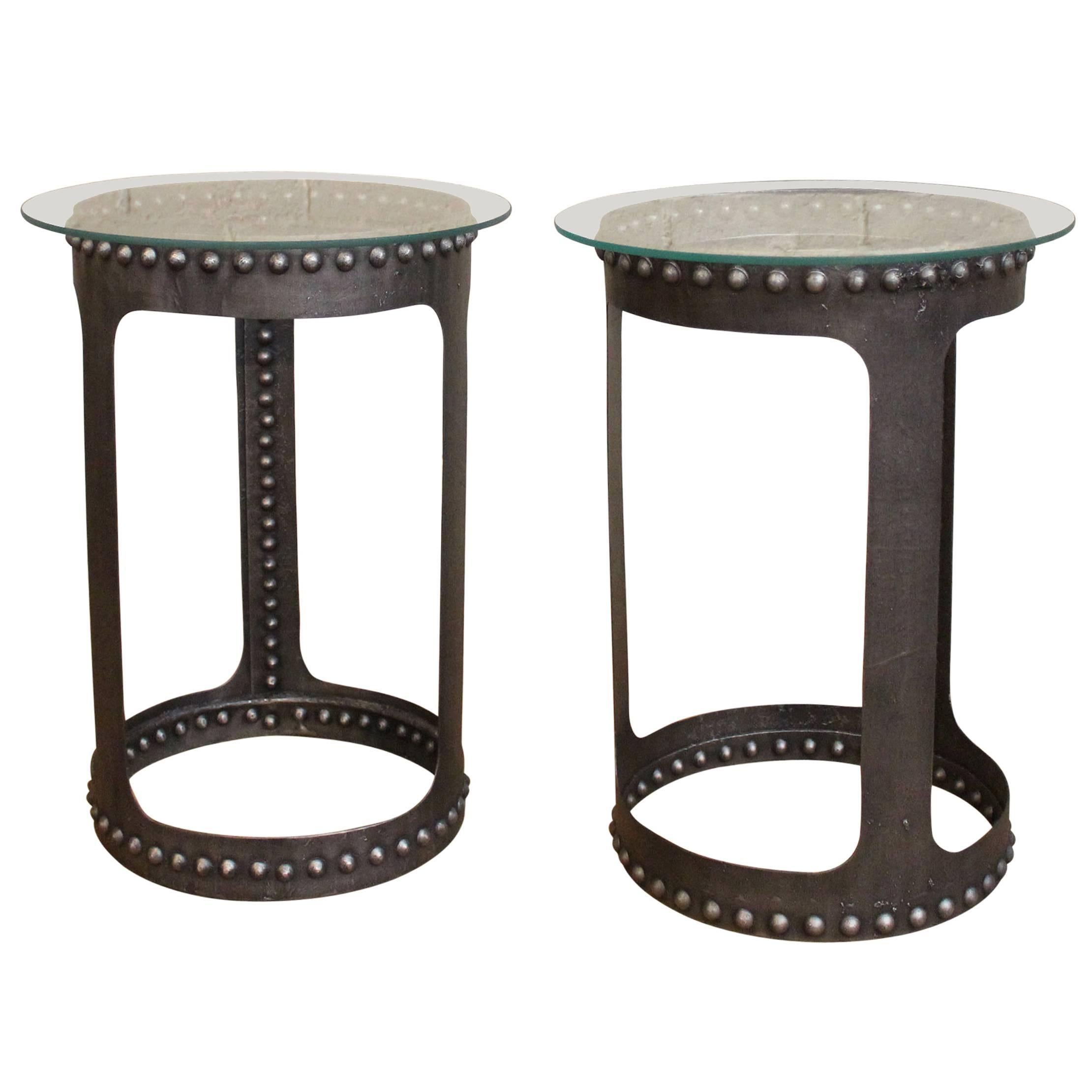 End or Side Tables, Vintage Industrial Brutalist Riveted Steel, Metal and Glass 