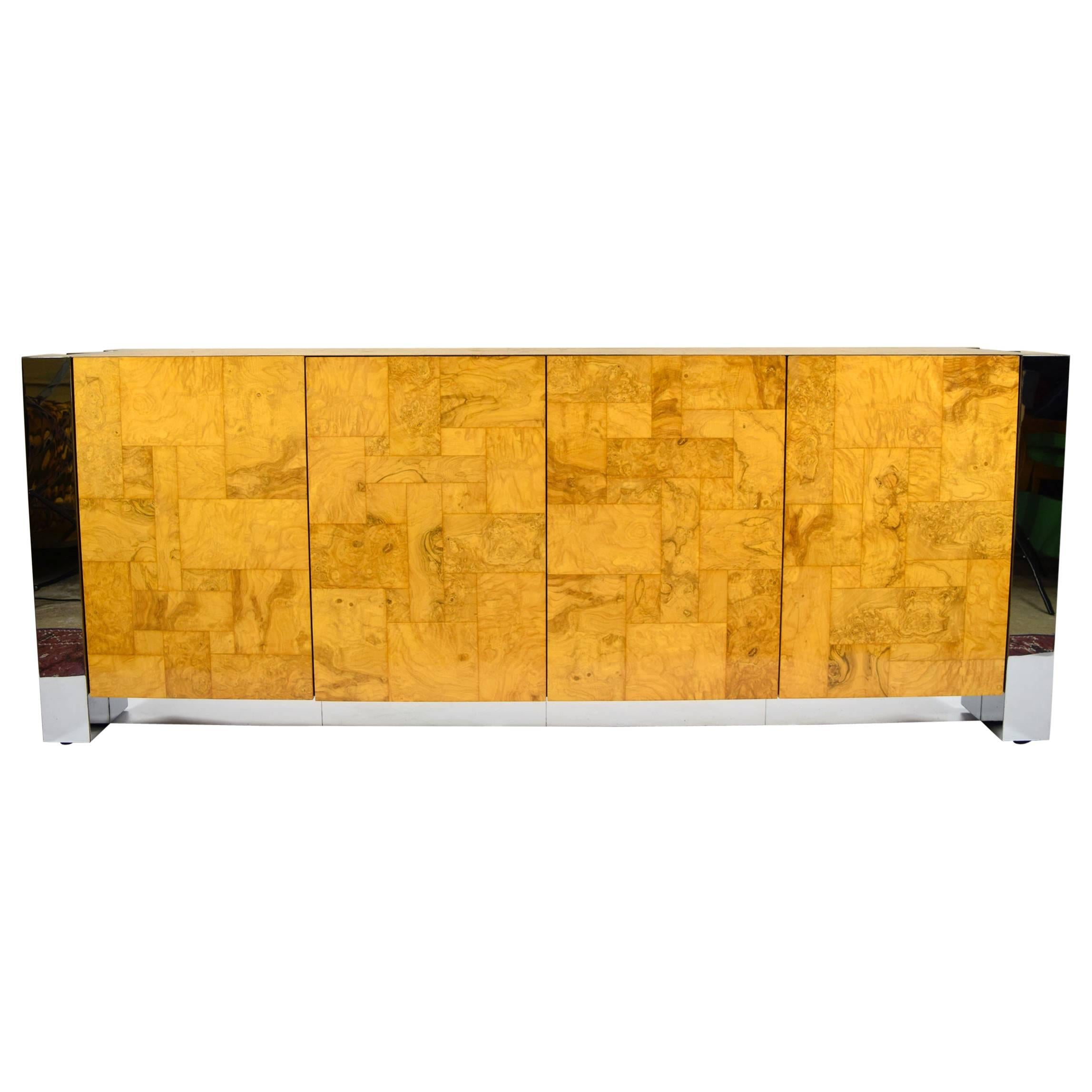 Console Cityscape de Paul Evans en bois de ronce et chrome en vente
