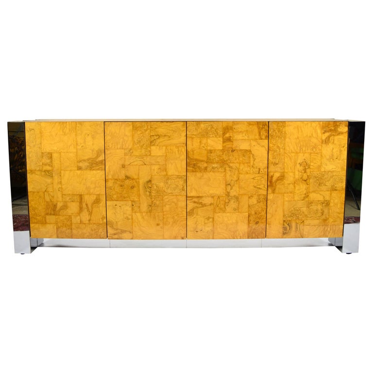 Paul Evans Cityscape Console in Burl Wood and Chrome For Sale