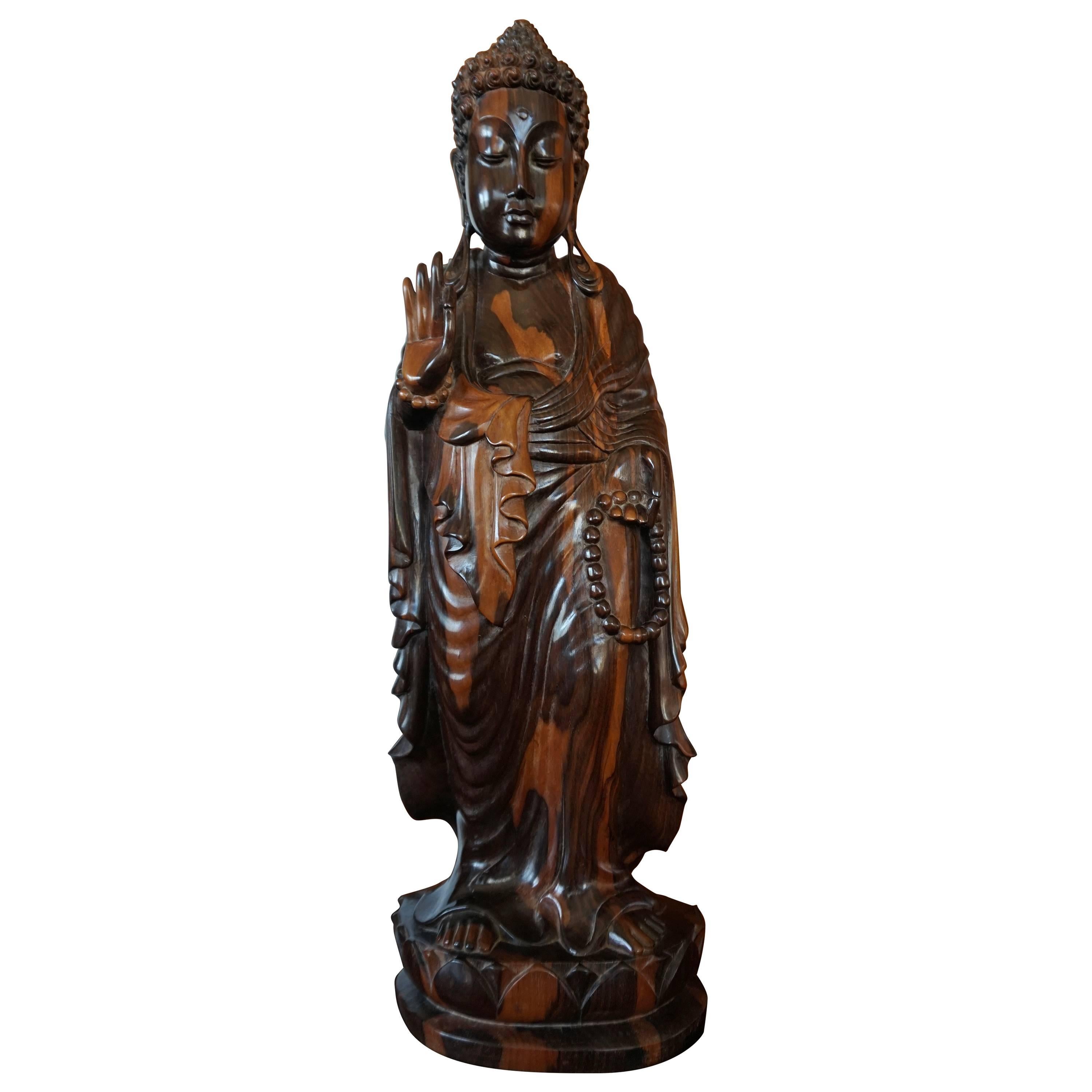 Large and Stunning Carved Coromandel Sculpture of Standing Buddha Amida on Lotus