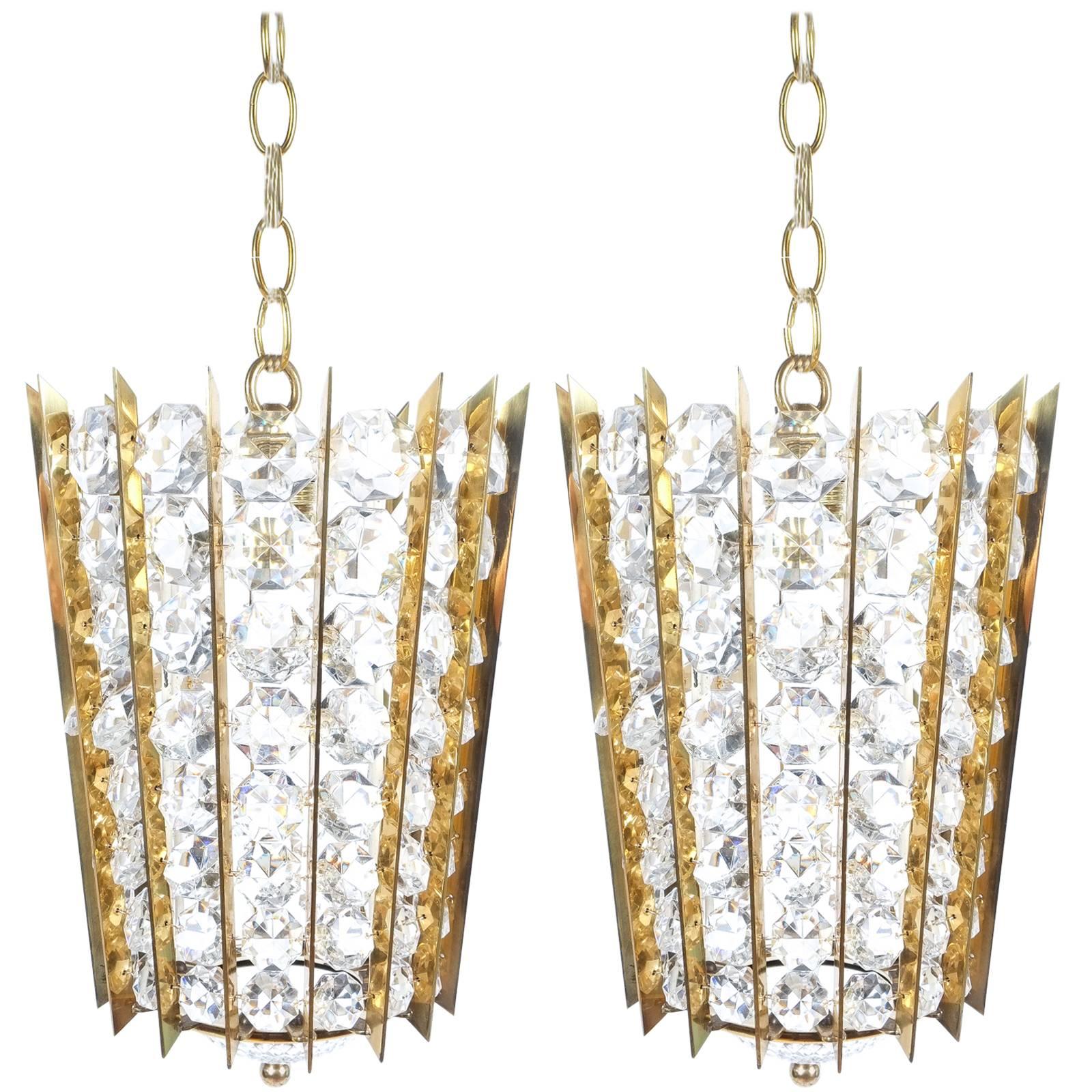 Pair of Bakalowits & Sohne Crystal Glass and Brass Pendant Lights